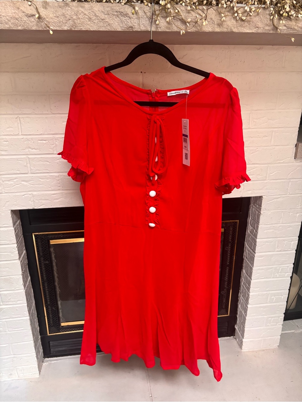 Bright Red Tie-Front Mini Dress with Button Accents